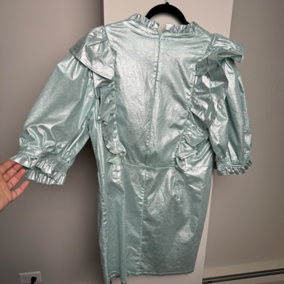 ASOS DESIGN Curve denim metallic dress with high neck and frill detail - Picture 10 of 12